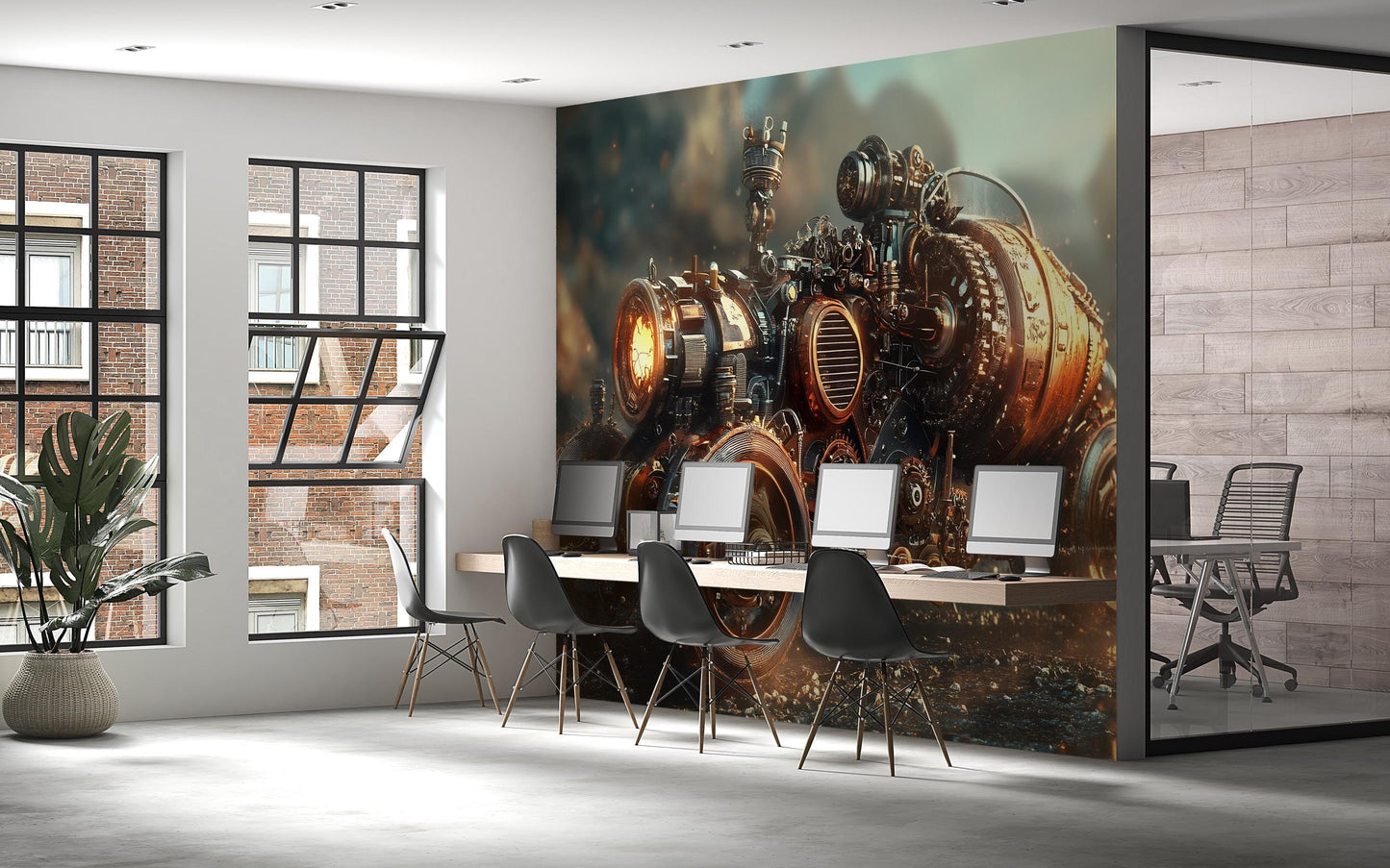 Steampunk Engine Wall Mural – Industrial Futuristic Art Print | Sci-Fi Bedroom Decor | Dark Fantasy Wall Art | Steampunk Home Accent Vn377