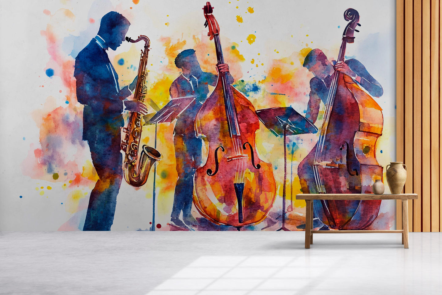Jazz Band Wall Mural | Watercolor Music Art | Saxophone & Bass Silhouette Vn523