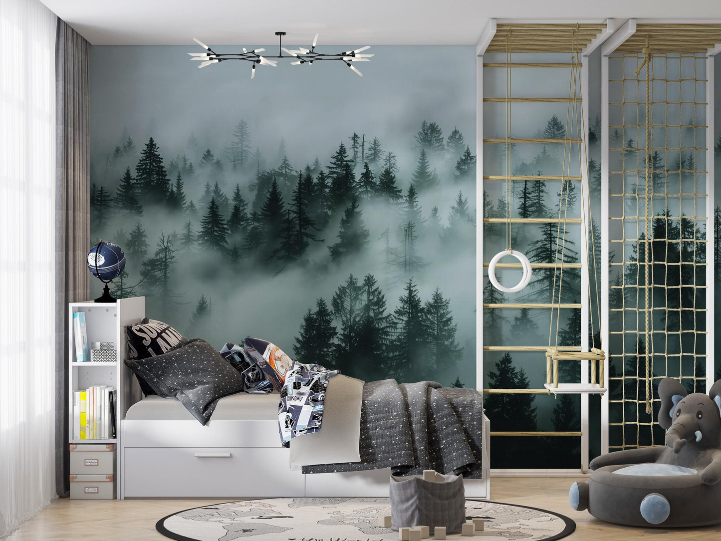Misty Forest Wall Mural – Dark Green Woodland Wallpaper, Nature Landscape Accent Wall Decor for Bedroom or Living Room Vn1071