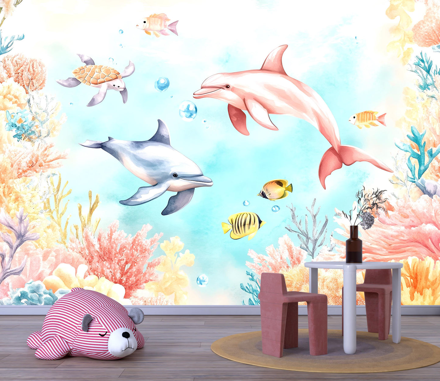 Colorful Dolphin Wall Mural – Ocean Underwater Kids Wallpaper with Fish & Coral Vn985