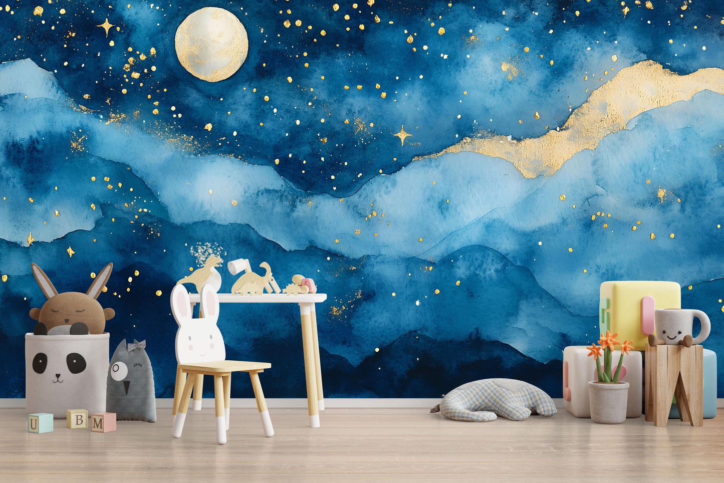 Moon and Stars Wall Mural – Watercolor Night Sky Nursery Wallpaper, Dreamy Accent Wall for Kids Room or Bedroom Vn858