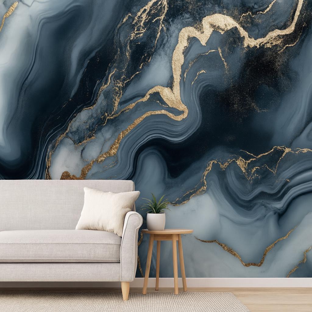 Blue Gold Marble Wall Mural – Abstract Luxury Wallpaper Vn968