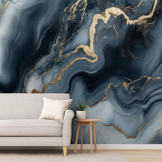 Blue Gold Marble Wall Mural – Abstract Luxury Wallpaper Vn968