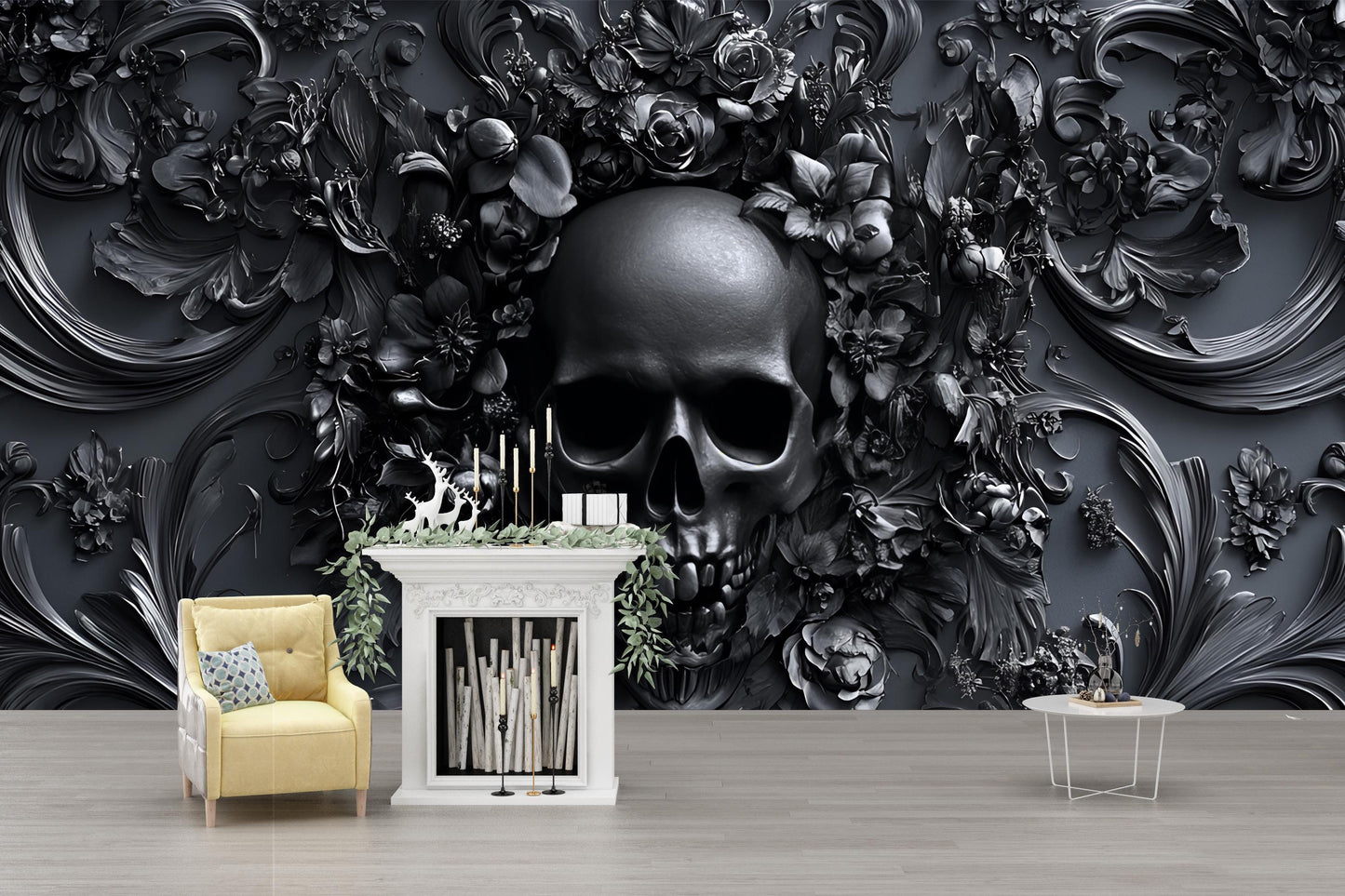 Gothic Skull Wall Mural, Dark Floral Skull Wallpaper, 3D Skull Art Bedroom Decor Vn190
