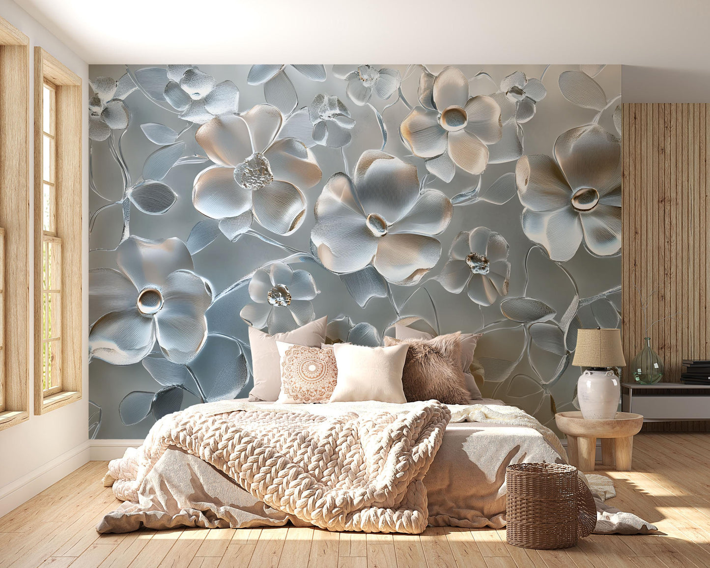 3D Floral Wall Mural for Bedroom – Elegant Blue and White Flower Wallpaper, Large Peel and Stick Wall Decor Vn657