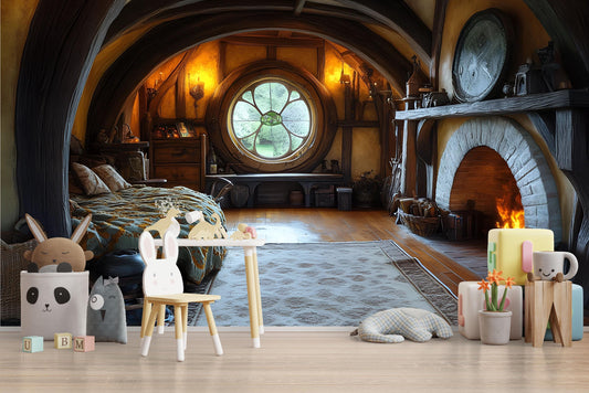 Hobbit Nursery Wall Art | Cozy Fantasy Baby Room Decor | Rustic Hobbiton Fireplace Print | Whimsical Nursery Interior Artwork Vn604