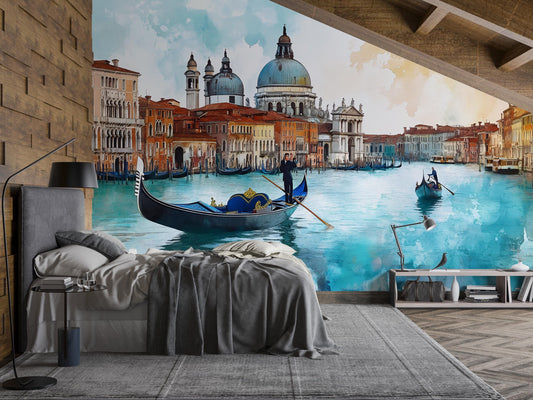 Venice Gondola Basilica Wall Mural – Watercolor Italy Grand Canal Wallpaper for Living Room & Bedroom Vn921
