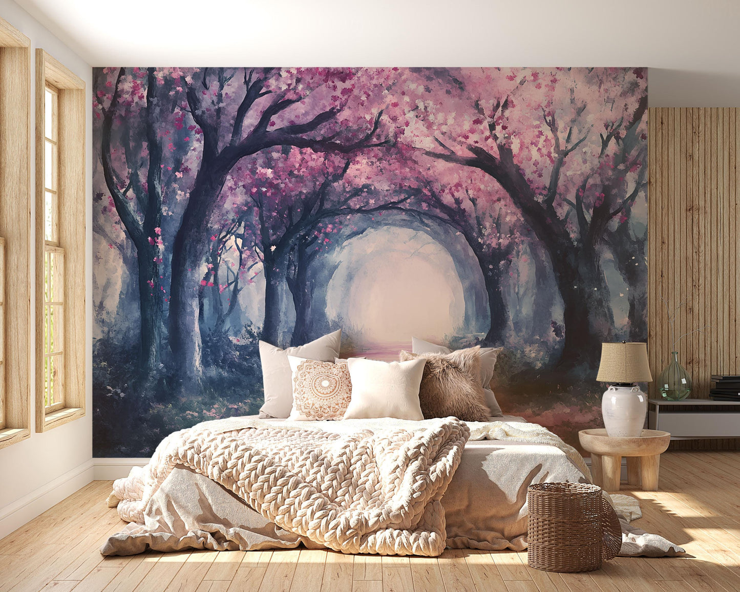 Enchanted Cherry Blossom Forest Wall Mural – Dreamy Tree Tunnel Wallpaper for Bedroom & Living Room Vn763