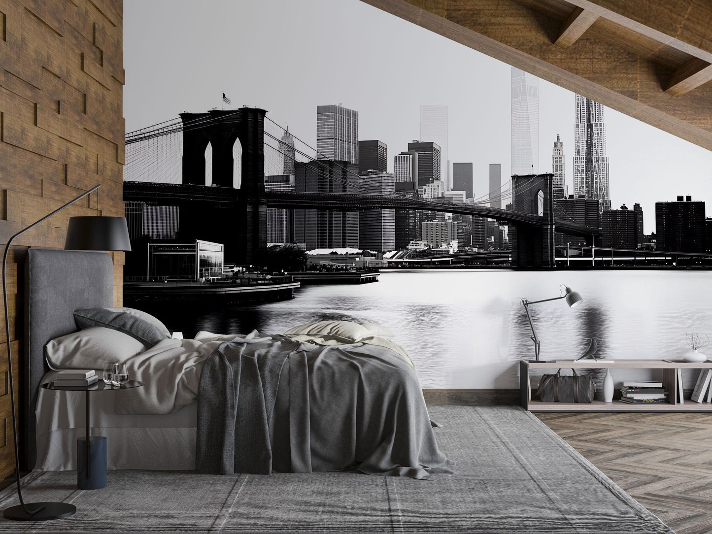 Brooklyn Bridge Wall Mural – NYC Skyline Black White Wallpaper, Modern City Art Vn886