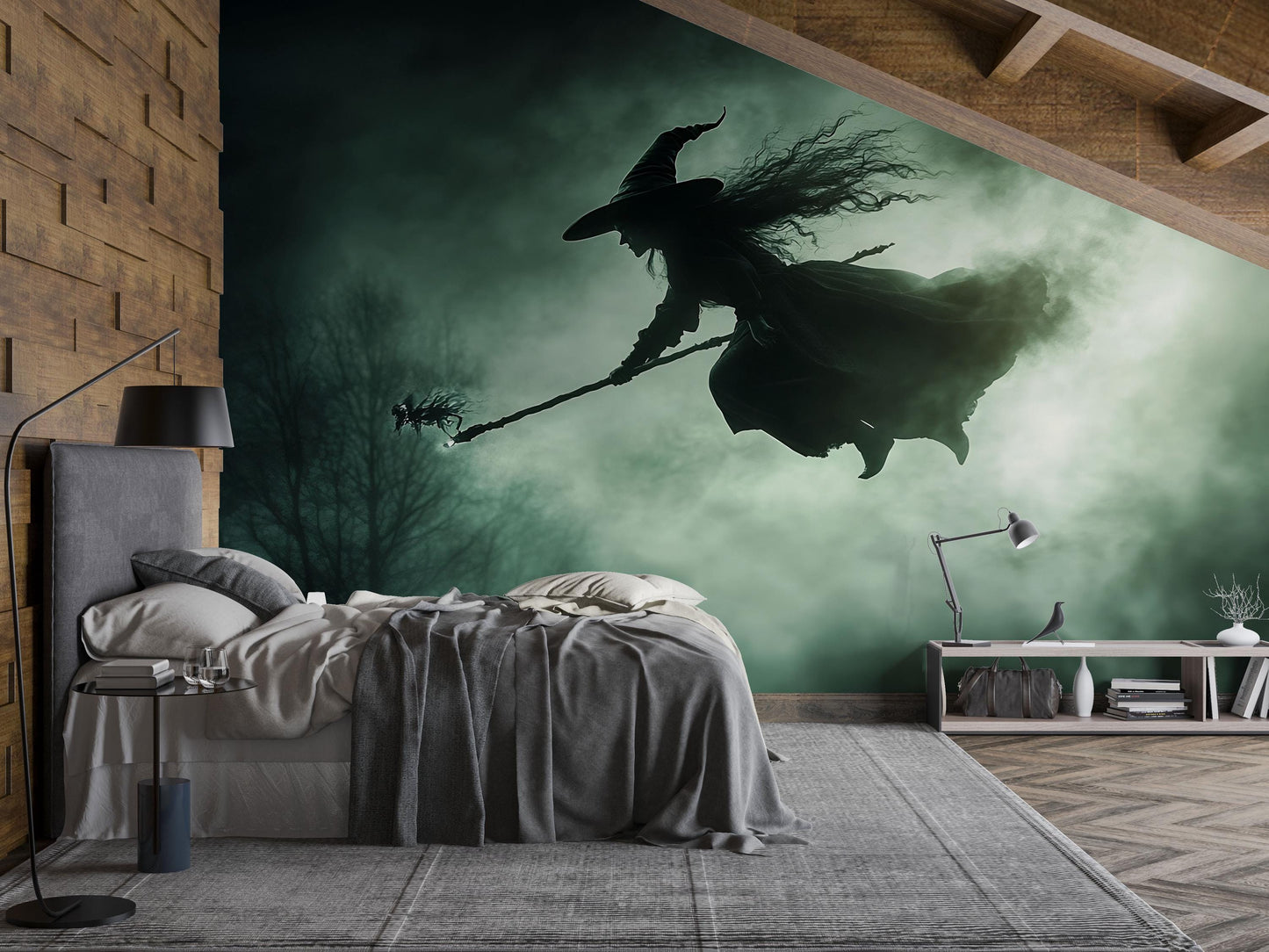 Flying Witch Silhouette Wall Mural – Spooky Halloween Night Scene Vn806