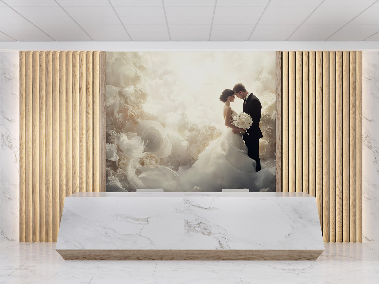 Romantic Wedding Couple Wall Mural – Elegant Floral Bridal Backdrop, Arch Door Nature Design, Custom Wallpaper Art Vn506