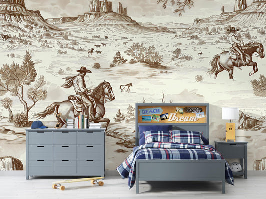 Western Cowboy Horse Wall Mural | Rustic Western Wallpaper | Kids Cowboy Room Decor Vn1029