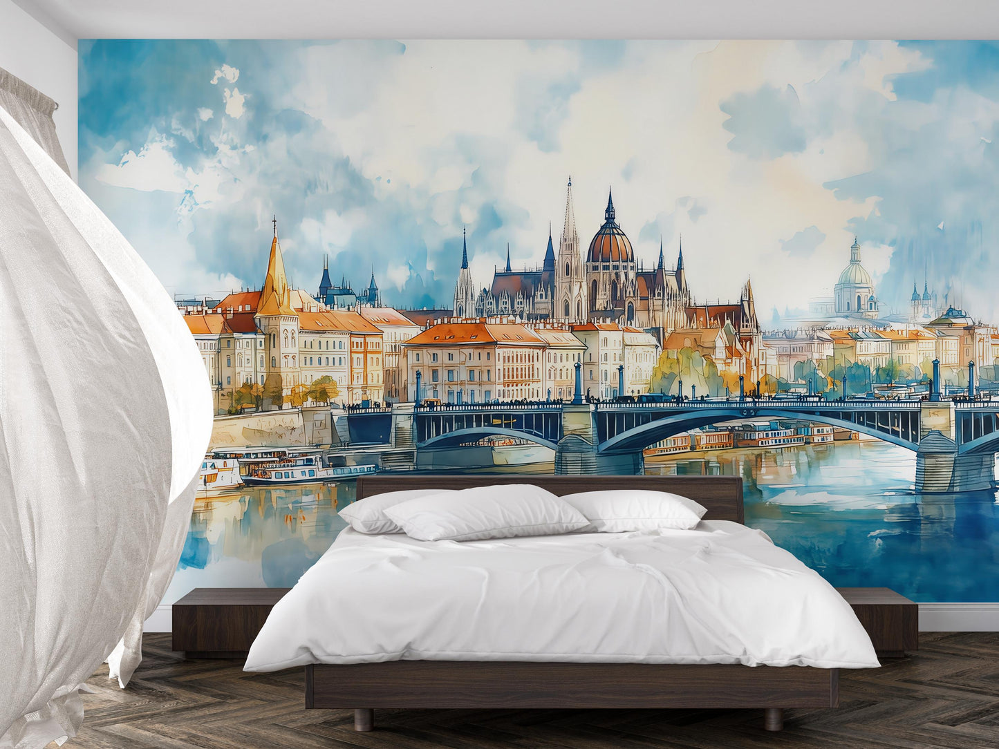 Budapest Parliament Wall Mural – Hungary Watercolor Cityscape Wallpaper Vn937
