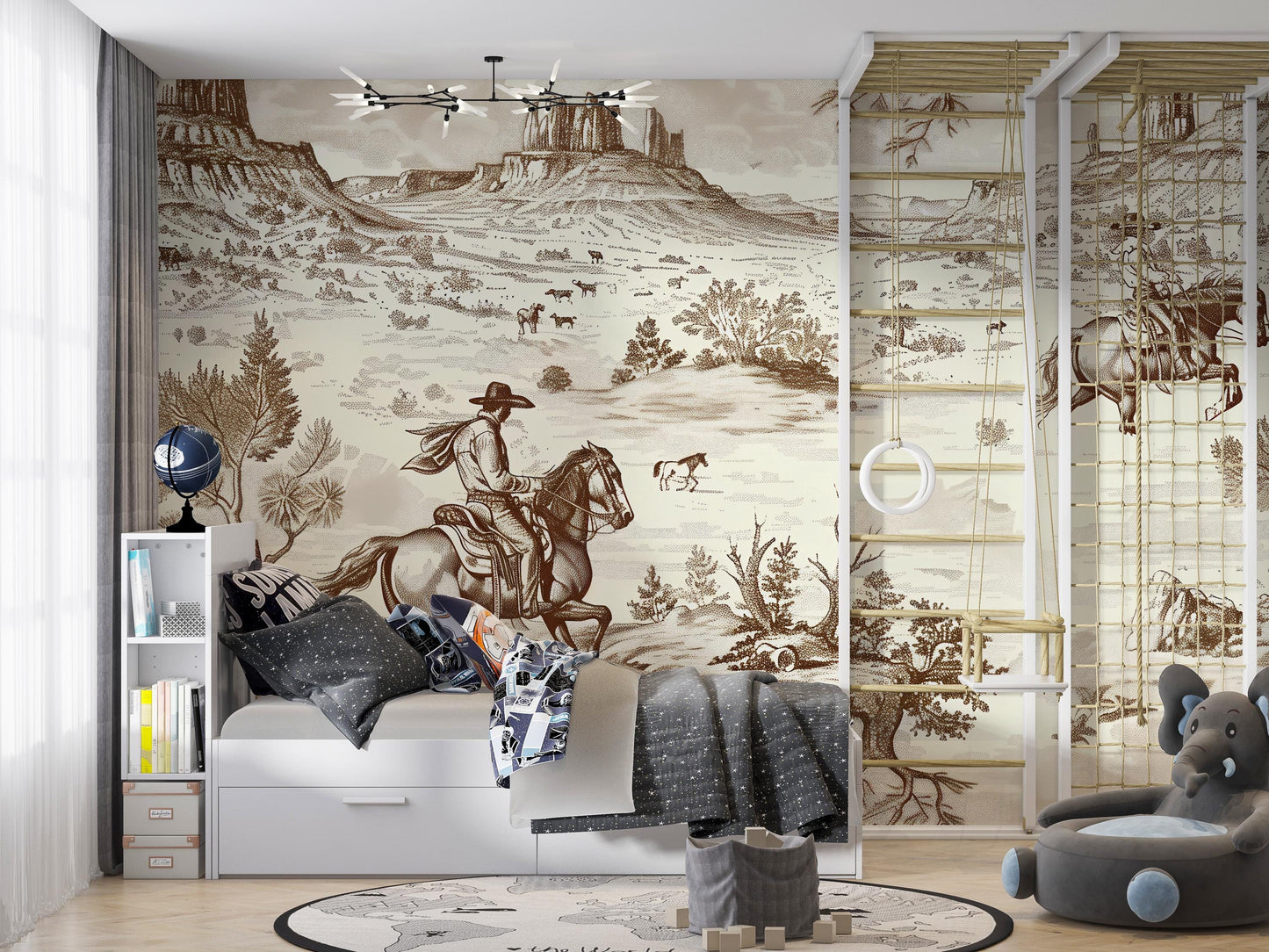 Western Cowboy Horse Wall Mural | Rustic Western Wallpaper | Kids Cowboy Room Decor Vn1029