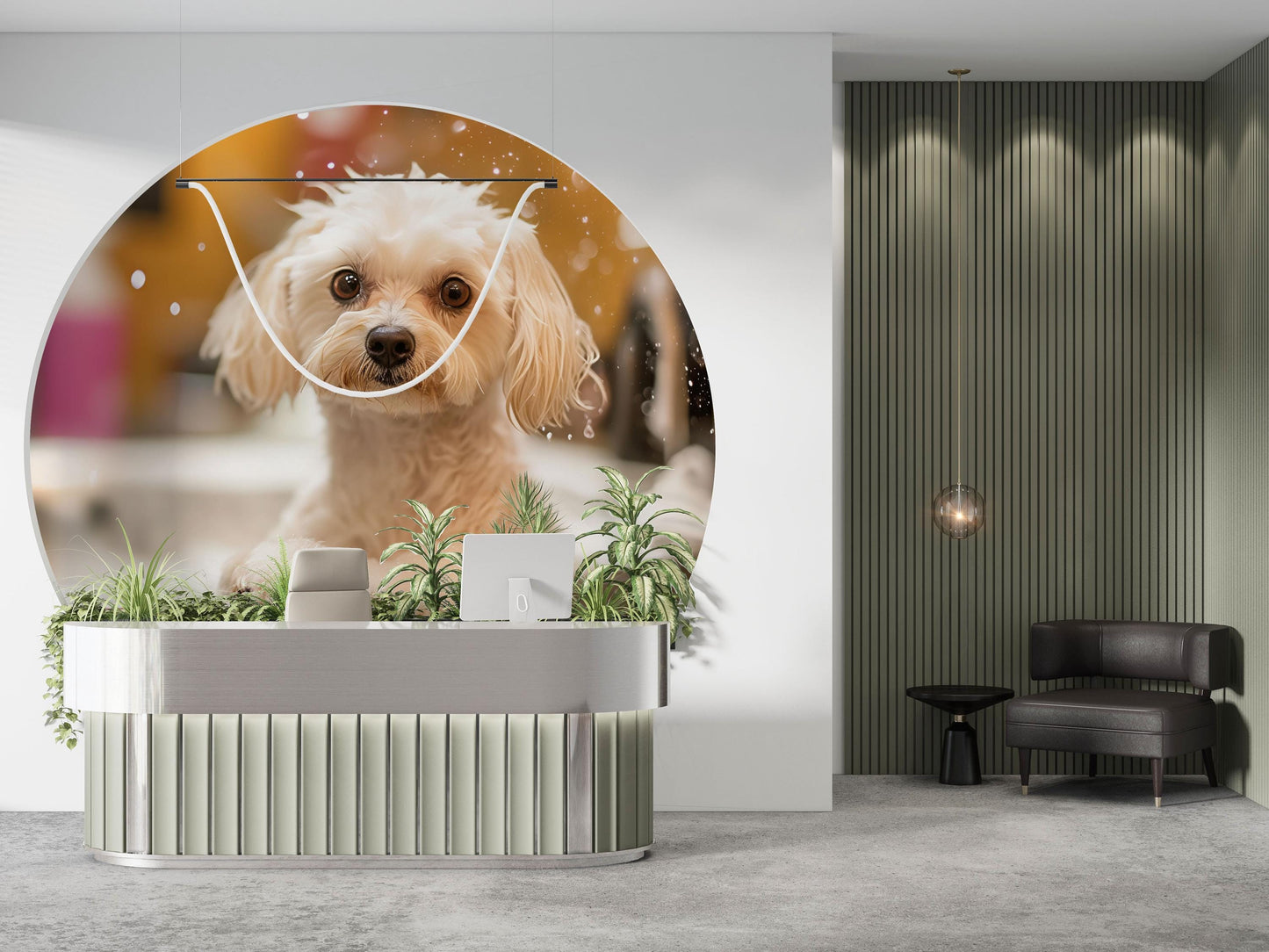 Cute Dog Wall Mural for Pet Lovers – White Puppy Bath Scene Wallpaper – Large Pet Decor for Living Room or Grooming Studio Vn665