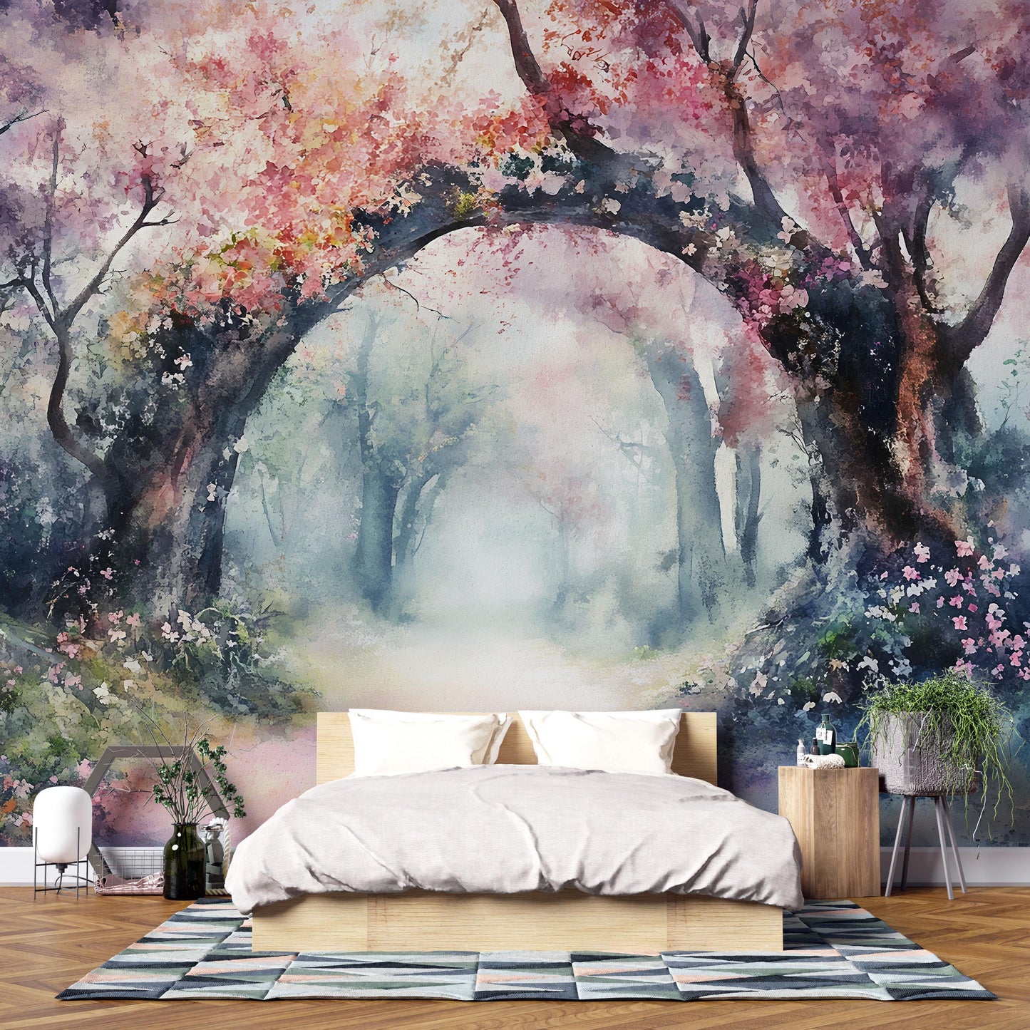 Cherry Blossom Forest Mural Wallpaper – Dreamy Watercolor Wall Art for Bedroom or Living Room Vn765