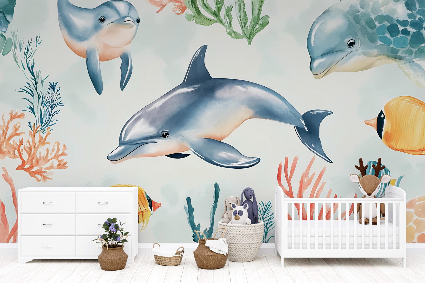 Dolphin Wall Mural – Underwater Ocean Wallpaper for Kids Room & Nursery Vn984