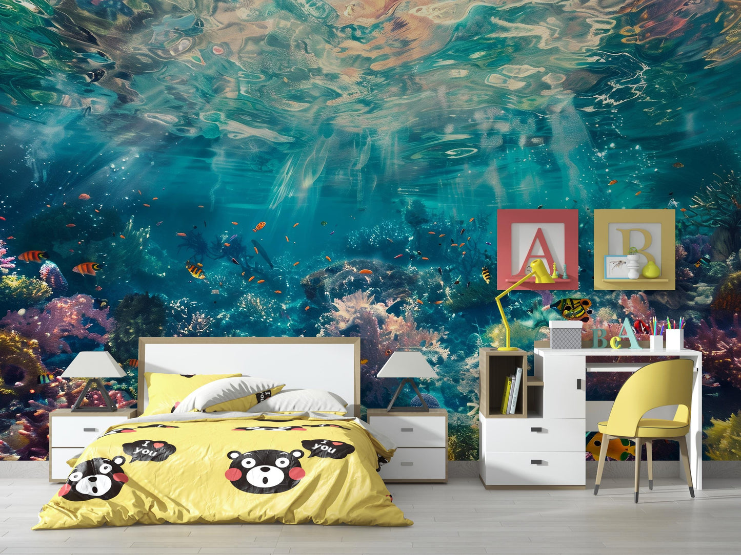 Underwater Ocean Wall Mural – Coral Reef & Fish Wallpaper, Kids Room Sea Life Accent Wall Decor for Bedroom or Playroom Vn1065