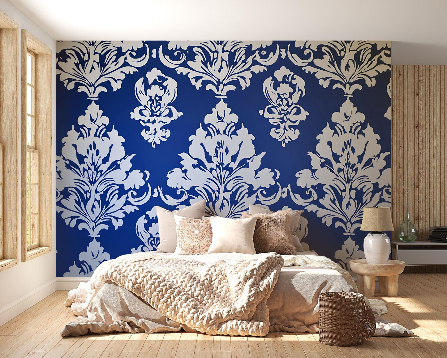 Bold Blue Damask Wallpaper | Baroque Floral Removable Wall Mural | Elegant Bedroom Accent Wall Decor | Peel and Stick Home Decor Vn632
