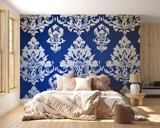 Bold Blue Damask Wallpaper | Baroque Floral Removable Wall Mural | Elegant Bedroom Accent Wall Decor | Peel and Stick Home Decor Vn632