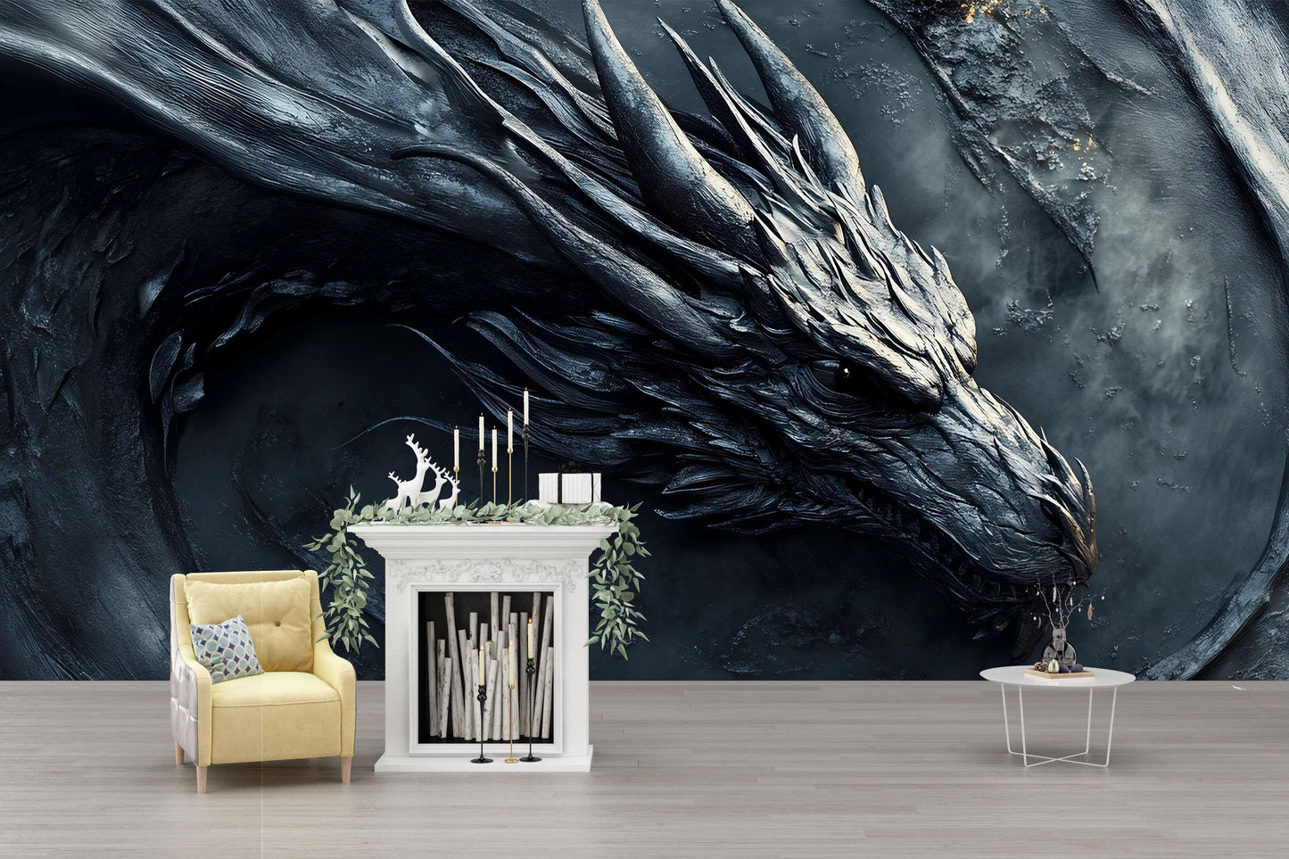 Dark Dragon Wall Mural | Fantasy Art Wallpaper | Gothic Dragon Head Decor | Mythical Beast Wall Art for Living Room or Office Vn596