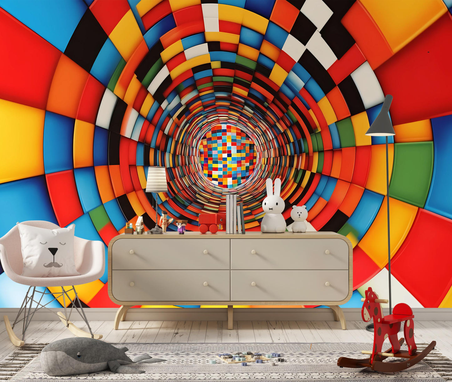 Colorful 3D Tunnel Wall Mural – Kids Room Optical Illusion Wallpaper Vn912