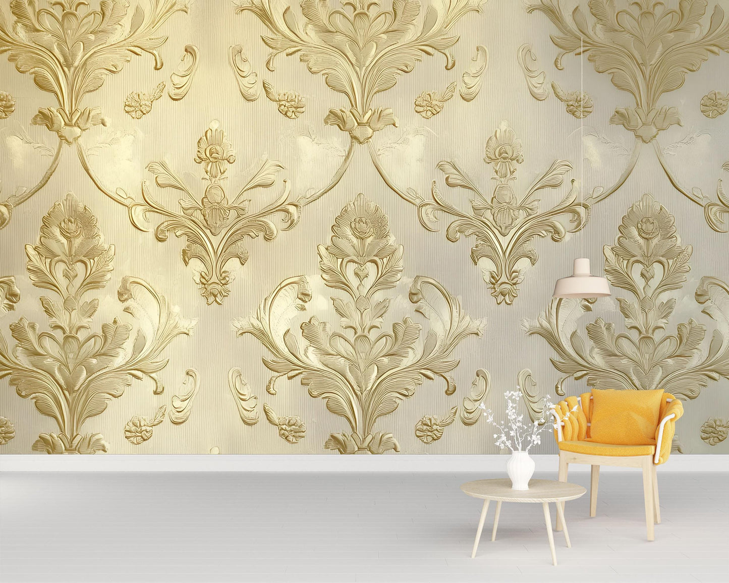 Luxury Gold Baroque Wallpaper – Elegant 3D Textured Damask Wall Mural for Living Room, Bedroom, or Office Vn631