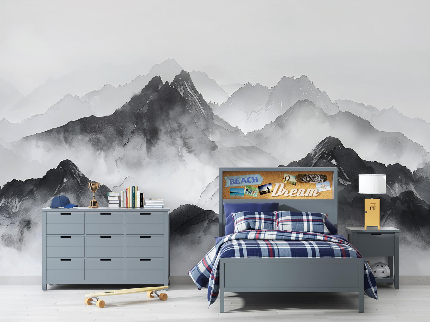 Mountain Wall Mural – Black and White Landscape Wallpaper, Misty Nature Accent Wall Decor for Bedroom or Living Room Vn1063