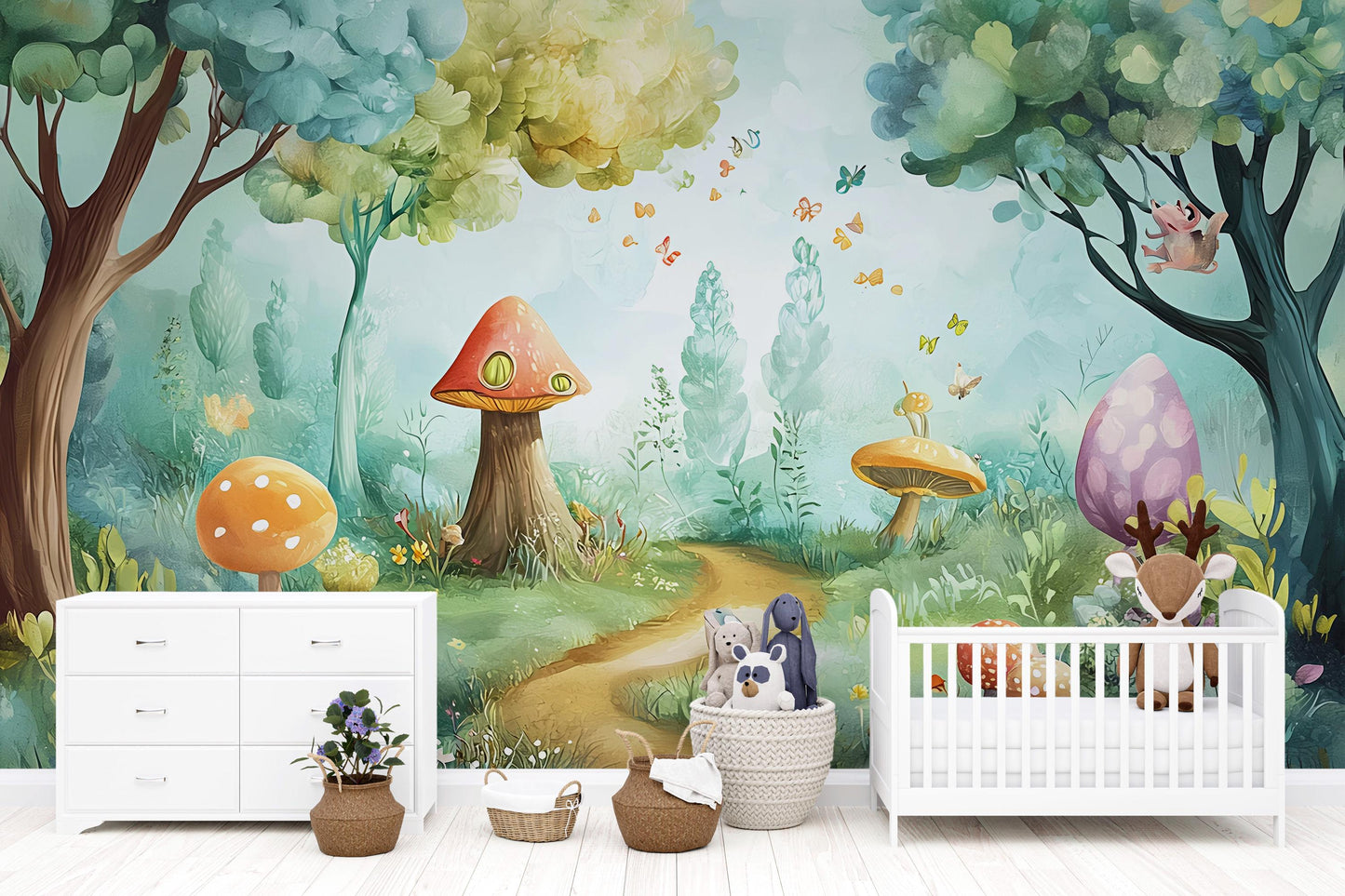 Whimsical Forest Wall Mural for Kids Room – Magical Mushroom & Animal Wallpaper Vn617