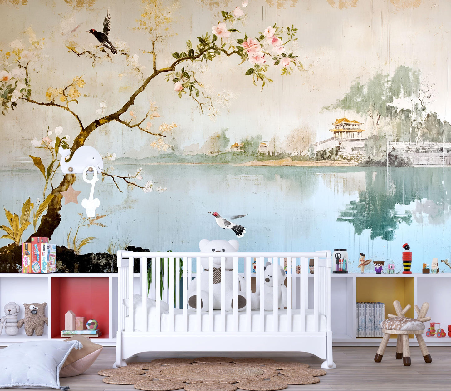 Oriental Landscape Wall Mural – Cherry Blossom Lake Wallpaper, Serene Asian Accent Wall for Nursery or Bedroom Vn859
