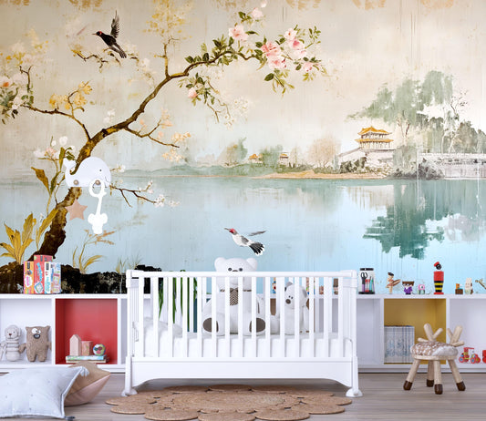 Oriental Landscape Wall Mural – Cherry Blossom Lake Wallpaper, Serene Asian Accent Wall for Nursery or Bedroom Vn859