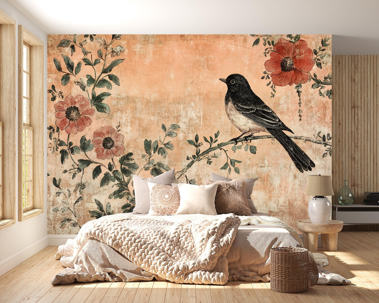 Rustic Bird Mural – Vintage Floral Wallpaper Botanical Wall Art Vn1001