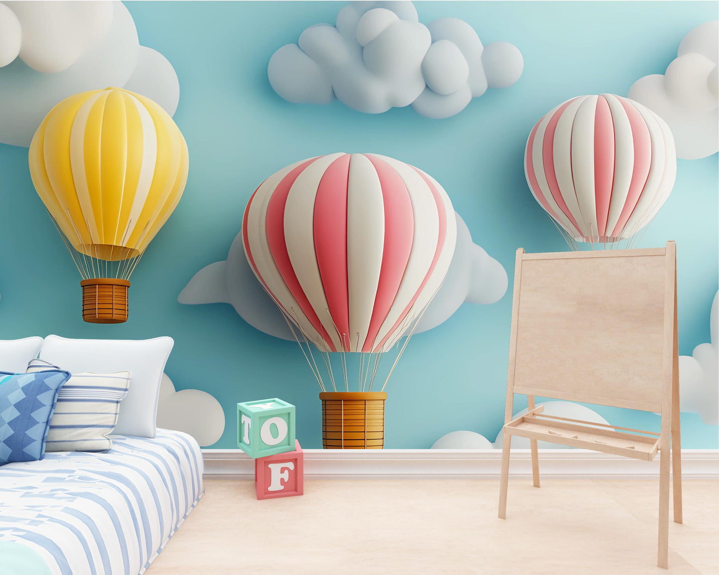Hot Air Balloon Nursery Wall Mural – Whimsical Cloud & Sky Wallpaper for Kids Room, Playroom Decor, Gender Neutral Baby Room Art Vn374
