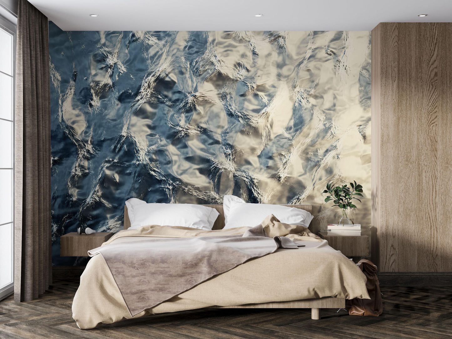 Abstract Ocean Ripple Wall Mural – Modern Blue Beige Water Texture Wallpaper for Bedroom or Living Room Decor Vn733