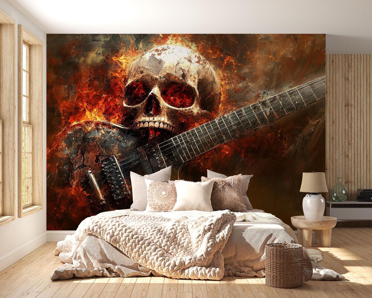 Skull & Guitar Fire Wall Mural – Heavy Metal Rock Bedroom Art Decor Vn719