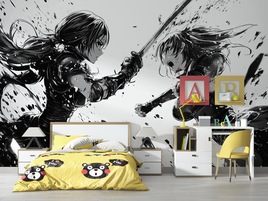 Anime Sword Duel Wall Mural – Black and White Manga Art for Modern Rooms Vn363