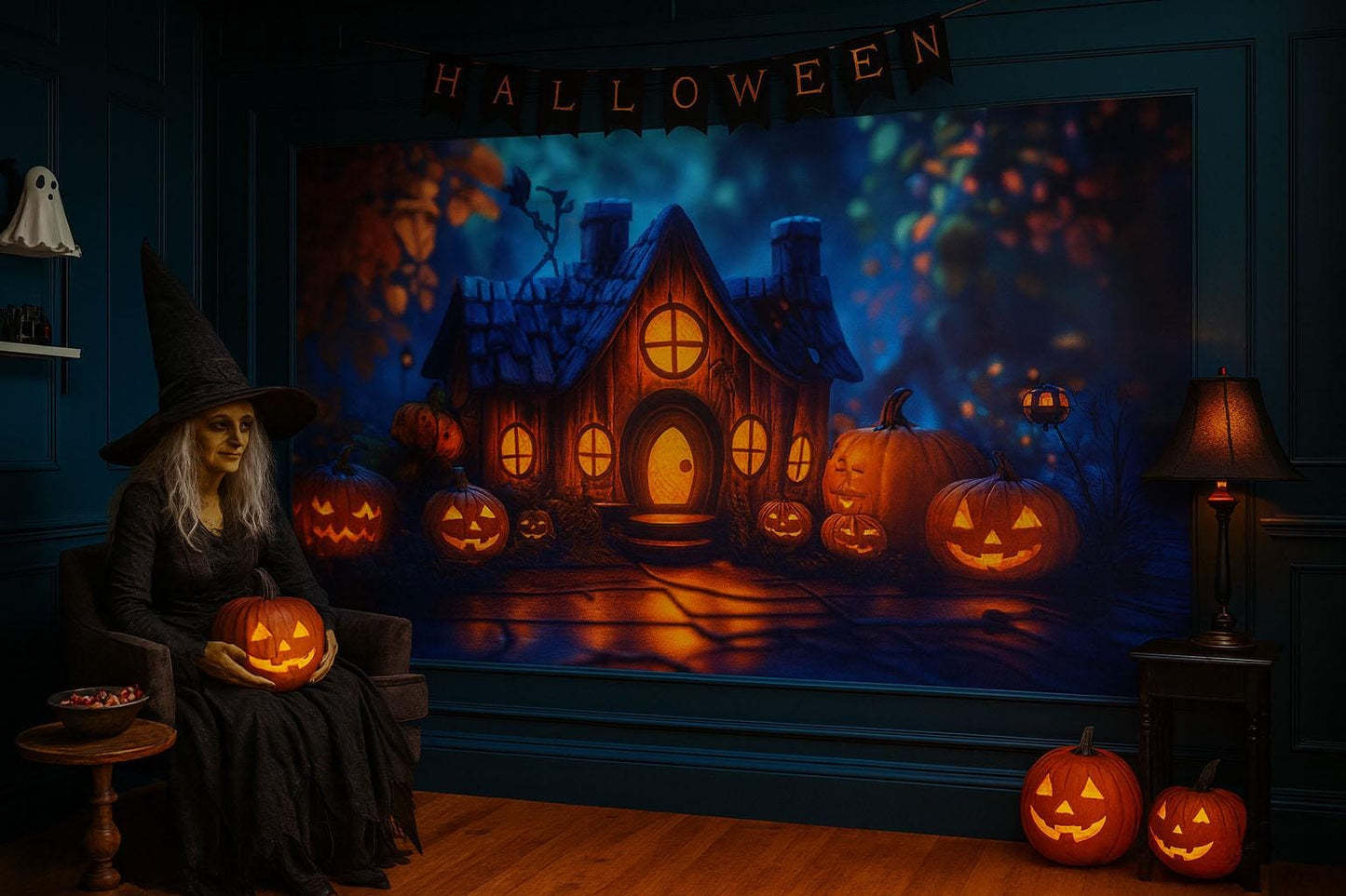 Witch & Pumpkin House Halloween Wall Mural – Cozy Spooky Home Décor Vn797