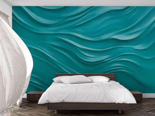 3D Teal Wave Wall Art Mural – Modern Bedroom Accent Wallpaper, Ocean-Inspired Abstract Texture, Bold Home Decor for Sloped Walls Vn651