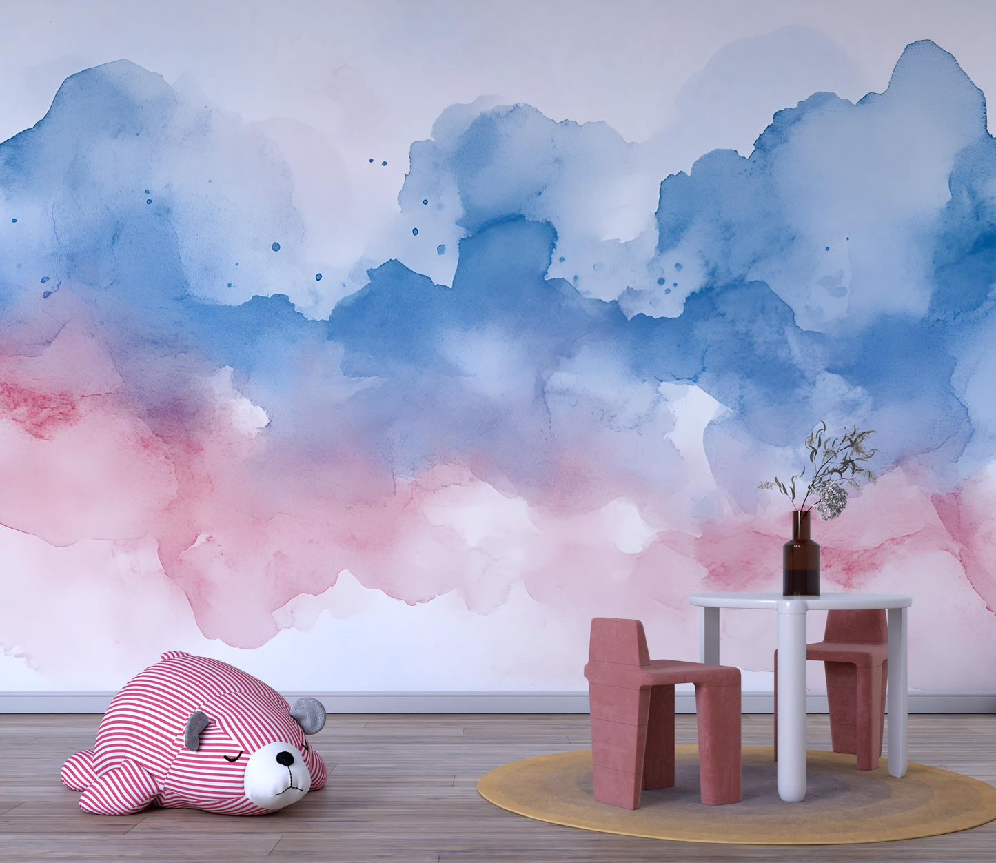 Watercolor Wall Mural for Kids Room – Blue Pink Ombre Nursery Wallpaper – Abstract Cloudy Sky Art Vn557