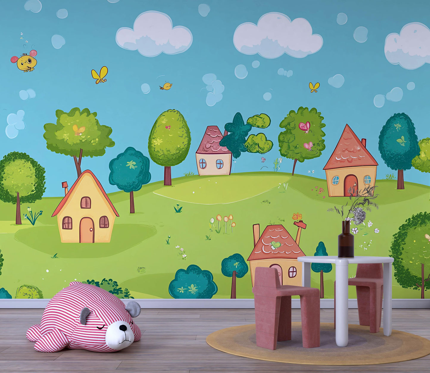Whimsical Kids Wall Mural – Colorful Cartoon Village Landscape Wallpaper – Playroom Nursery Decor Vn620