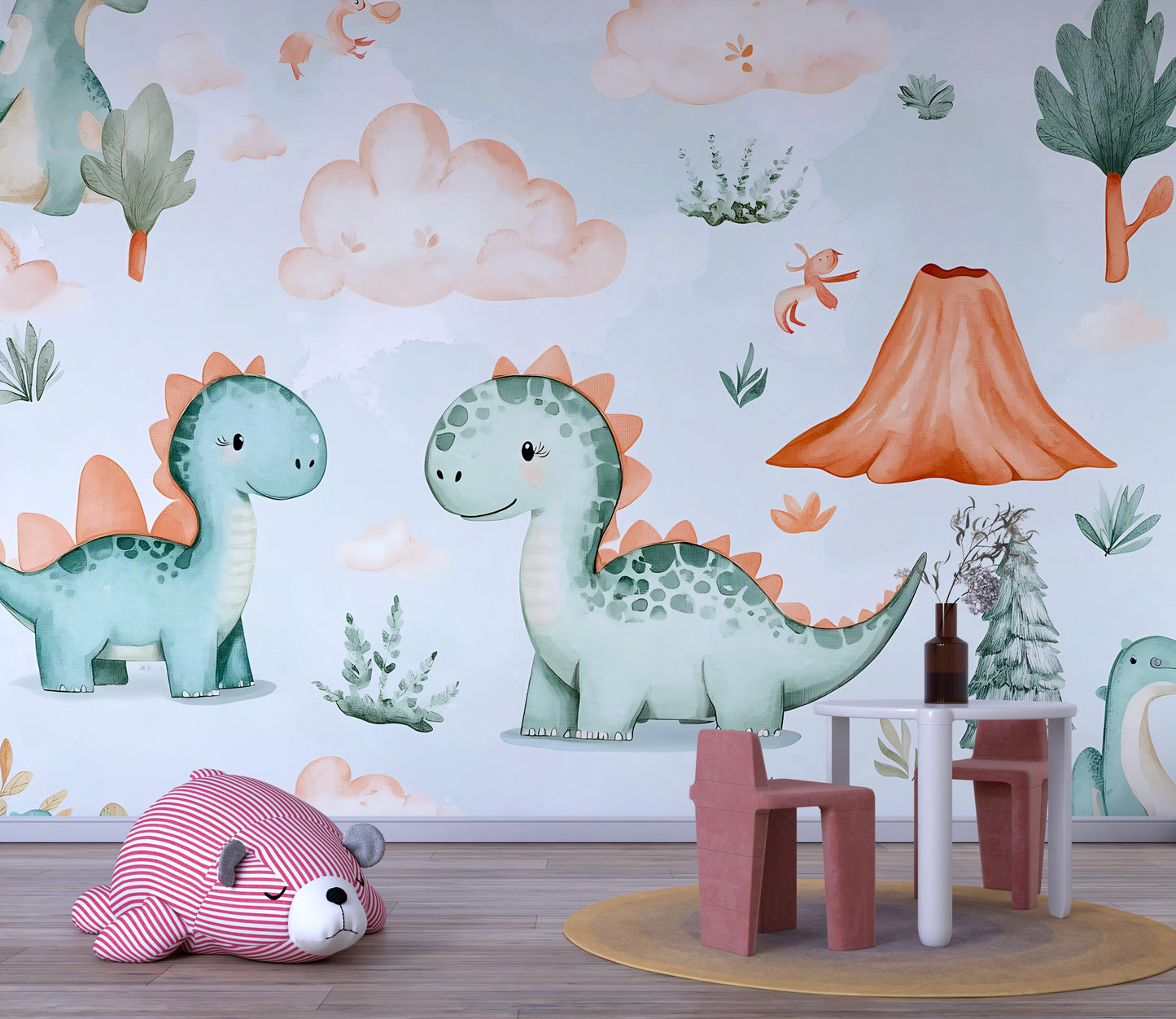 Cute Dinosaur Wall Mural – Cartoon Dino Wallpaper for Nursery, Kids Room & Playroom Vn980