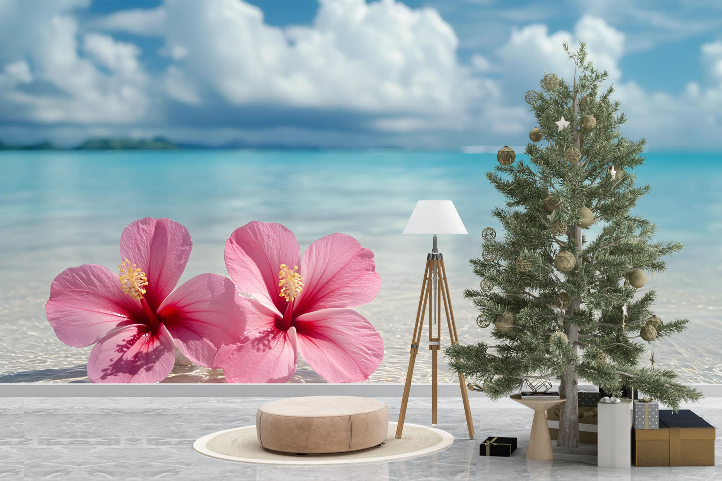 Tropical Beach Wall Mural with Pink Hibiscus Flowers – Ocean View Wallpaper for Living Room or Office Decor Vn649