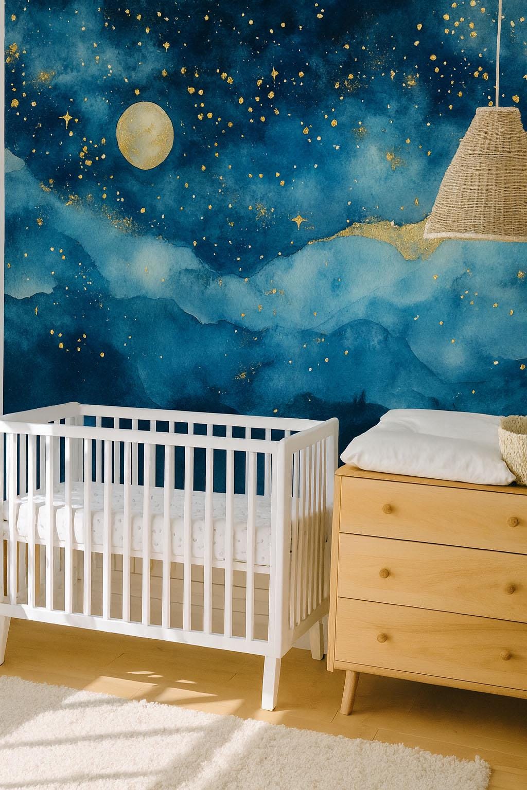 Moon and Stars Wall Mural – Watercolor Night Sky Nursery Wallpaper, Dreamy Accent Wall for Kids Room or Bedroom Vn858