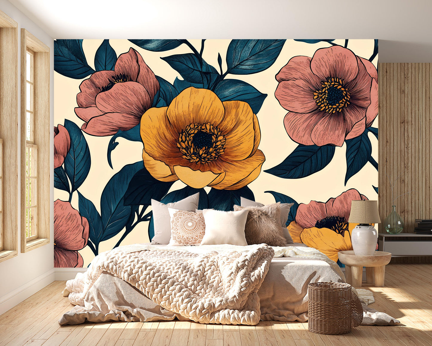 Vintage Floral Wall Mural – Yellow & Pink Flower Wallpaper Vn1026