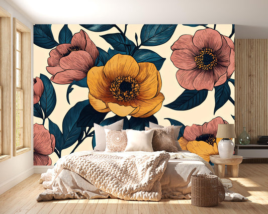 Vintage Floral Wall Mural – Yellow & Pink Flower Wallpaper Vn1026