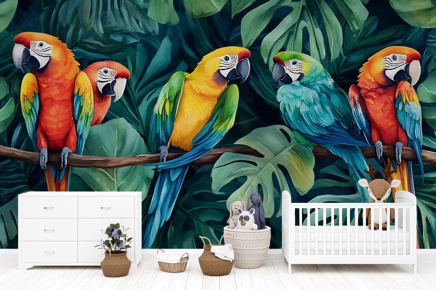 Tropical Parrot Wall Mural – Colorful Jungle Nursery Decor Vn960