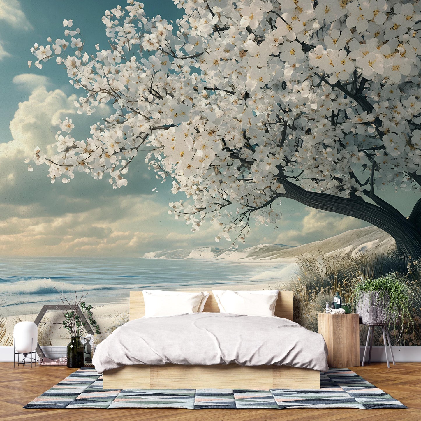 Cherry Blossom Tree Wall Mural | Coastal Bedroom Wall Art | Tranquil Beach Landscape Wallpaper | Boho Japandi Decor Accent Vn571