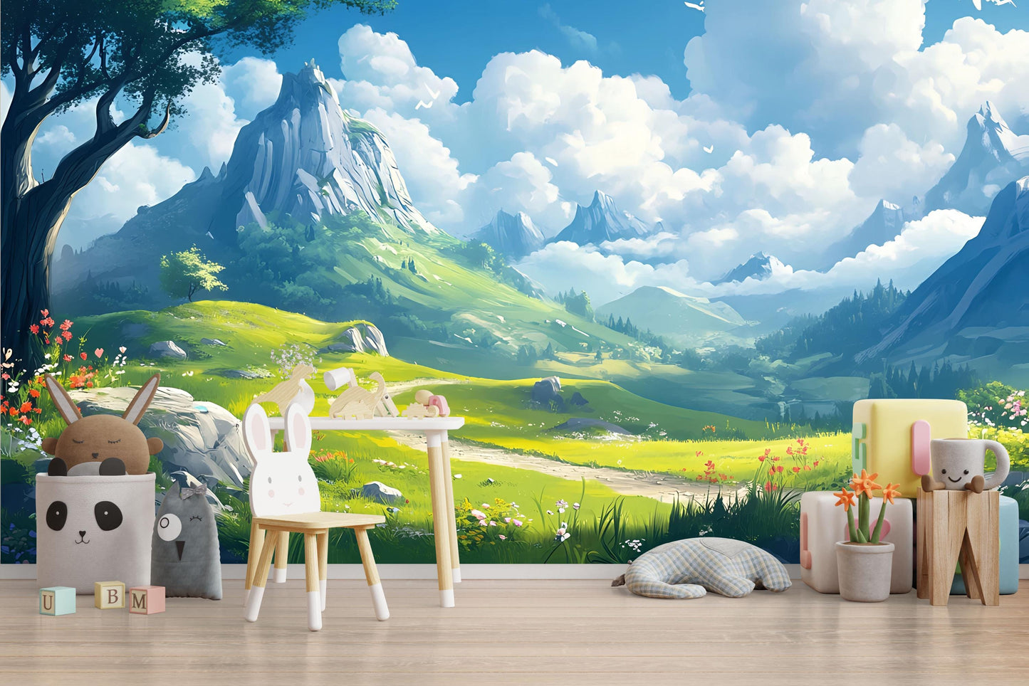 Whimsical Mountain Landscape Wall Mural for Kids Room – Scenic Nature Wallpaper with Clouds, Path, and Forest | Playroom Decor Vn709