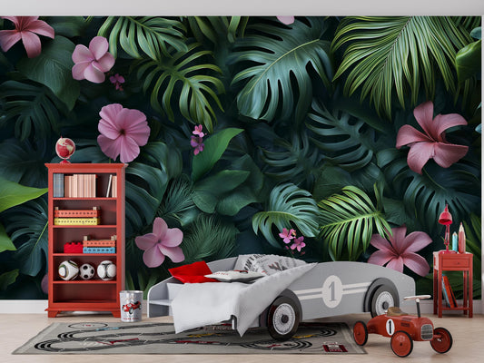 Tropical Jungle Wall Mural for Kids Room – Botanical Leaf & Flower Wallpaper – Removable Peel and Stick Wall Art Vn233