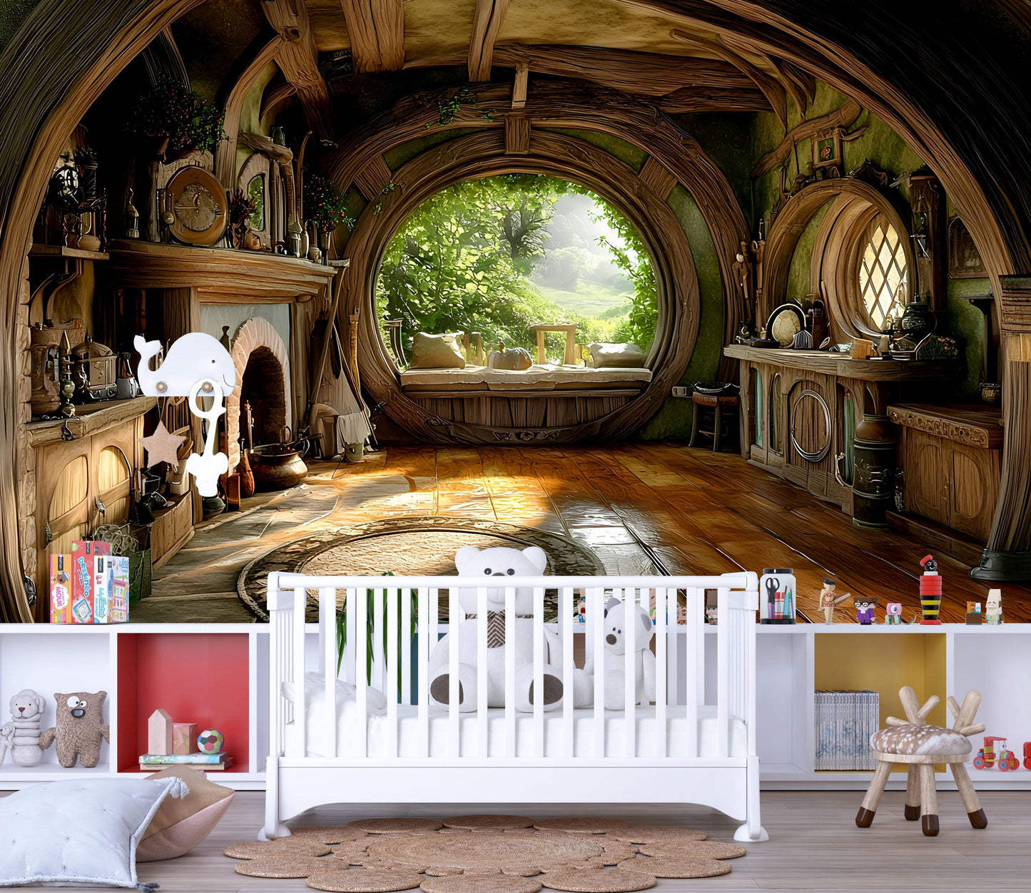Hobbit Hole Wall Mural for Kids Room | Fantasy Nursery Decor | Cozy Woodland Playroom Backdrop | Tolkien-Inspired Art Print Vn603